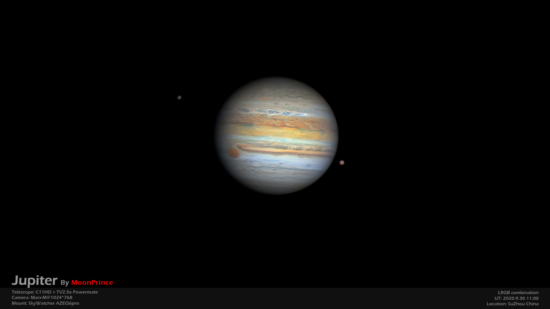 Two moons around Jupiter with RED spot, C11HD+Mars-M camera